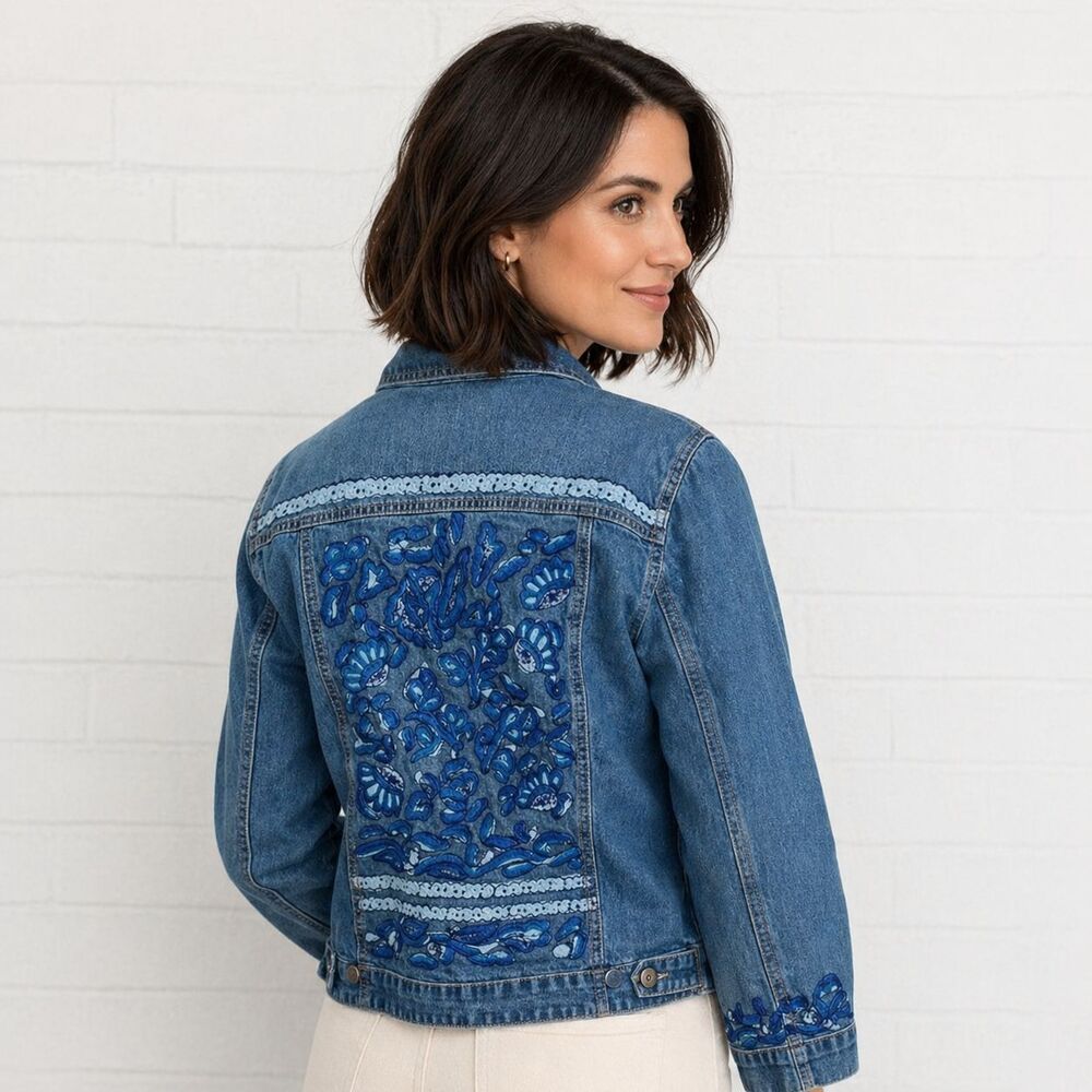 Chico's Design Vintage 2 L 12 Floral Chic Heavily Embroidered Back Denim Jacket.